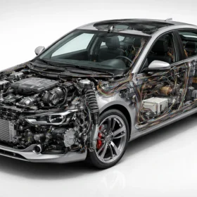 Устройство автомобиля: общий вид шасси с выделением двигателя, трансмиссии и подвески