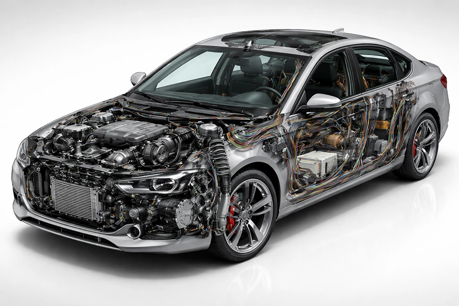 Устройство автомобиля: общий вид шасси с выделением двигателя, трансмиссии и подвески