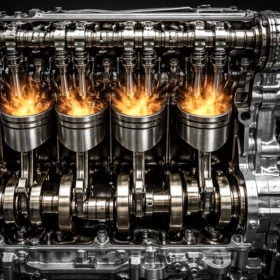 Устройство двигателя внутреннего сгорания в разрезе с обозначением поршней, клапанов и коленчатого вала