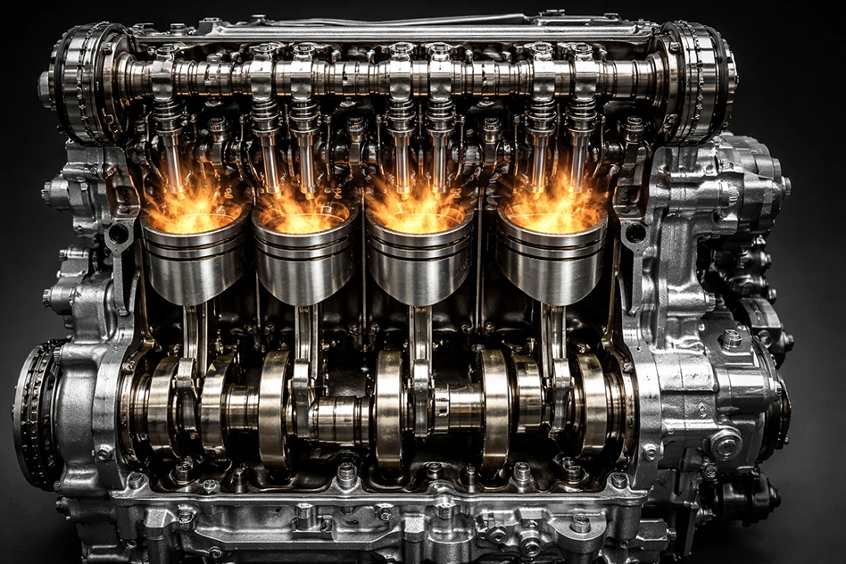 Устройство двигателя внутреннего сгорания в разрезе с обозначением поршней, клапанов и коленчатого вала