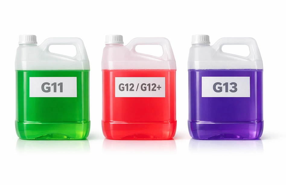 Антифризы разных типов: G11 зеленый, G12 красный, G13 фиолетовый — сравнение цвета и маркировки