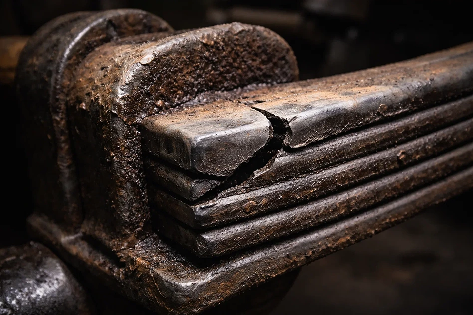 Лопнувшая рессора грузового автомобиля с характерной трещиной от усталости металла