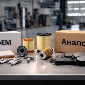 Оригинальные и аналоговые автозапчасти на столе механика