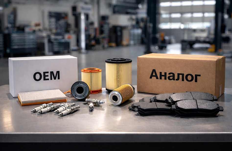 Оригинальные и аналоговые автозапчасти на столе механика
