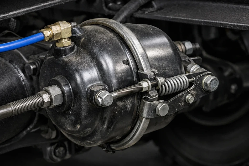 Пневматическая тормозная камера грузового автомобиля крупным планом