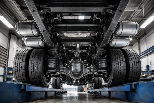 Шасси грузового автомобиля с рамой, пневмобаллонами подвески и карданным валом