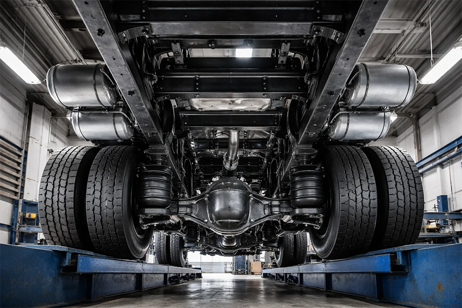 Шасси грузового автомобиля с рамой, пневмобаллонами подвески и карданным валом