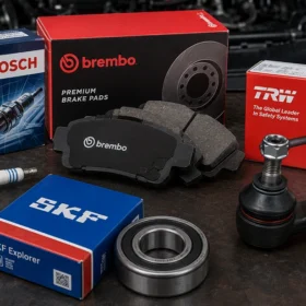 Популярные бренды автозапчастей на фоне автомобиля: Bosch, Brembo, TRW, SKF