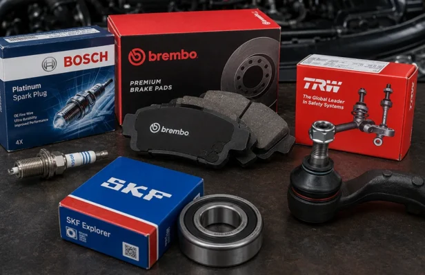 Популярные бренды автозапчастей на фоне автомобиля: Bosch, Brembo, TRW, SKF