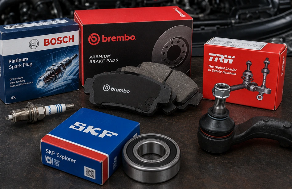 Популярные бренды автозапчастей на фоне автомобиля: Bosch, Brembo, TRW, SKF