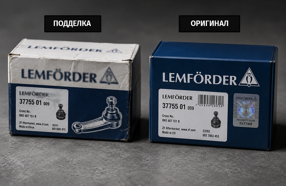 Поддельная автозапчасть в плохой коробке и оригинал с защитными голограммами