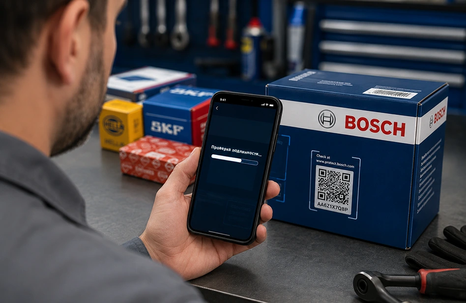 Сравнение упаковки: оригинал с QR-кодом и защитными элементами против подделки с размытой печатью